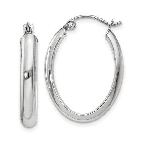 14k White Gold Oval Hoop Earrings with Polished Finish and Hinged Snap Closure