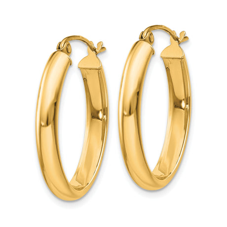 14k Yellow Gold Hoop Earrings, Oval Tube Shape with Smooth Finish and Hinged Clasp