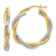 14k Yellow Gold Hoop Earrings, Twisted Interwoven Polished and Textured Two-Tone Design