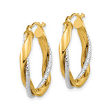14k Two-Tone Gold Hoop Earrings, Twisted Polished Yellow and Diamond-Cut White Gold Design
