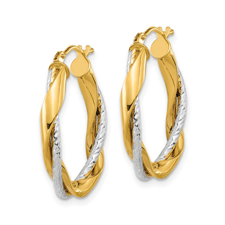 14k Two-Tone Gold Hoop Earrings, Twisted Polished Yellow and Diamond-Cut White Gold Design