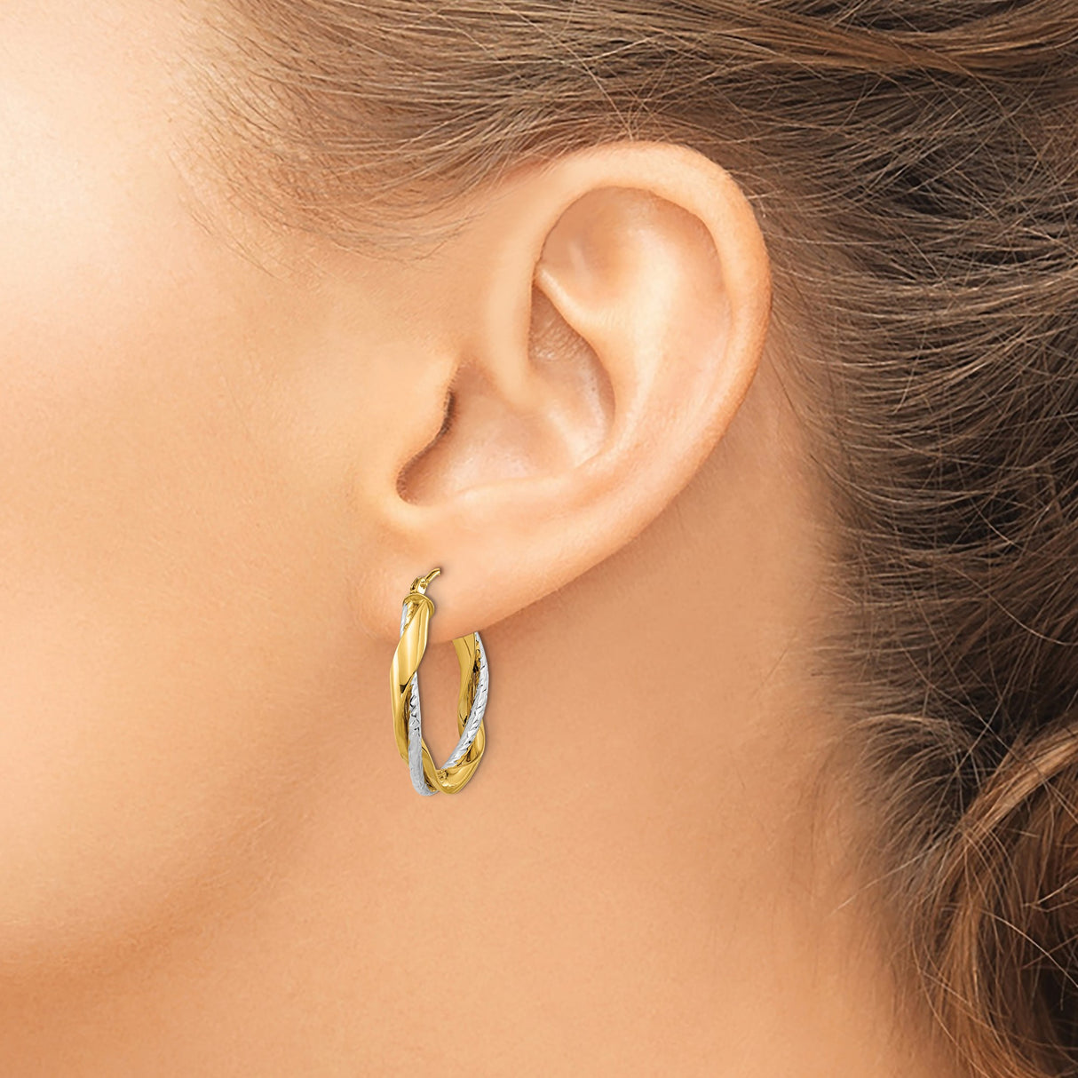 14k Two-Tone Gold Hoop Earrings, Twisted Polished Yellow and Diamond-Cut White Gold Design