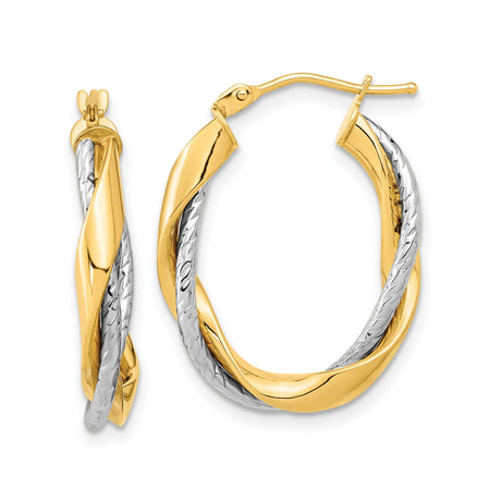14k Two-Tone Gold Hoop Earrings, Twisted Polished Yellow and Diamond-Cut White Gold Design
