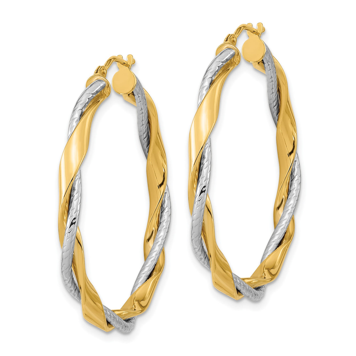 14k Yellow and White Gold Twisted Hoop Earrings, Interwoven Two-Tone Design, Polished Finish