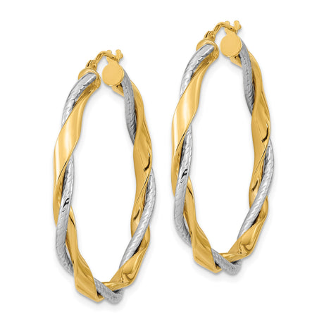 14k Yellow and White Gold Twisted Hoop Earrings, Interwoven Two-Tone Design, Polished Finish