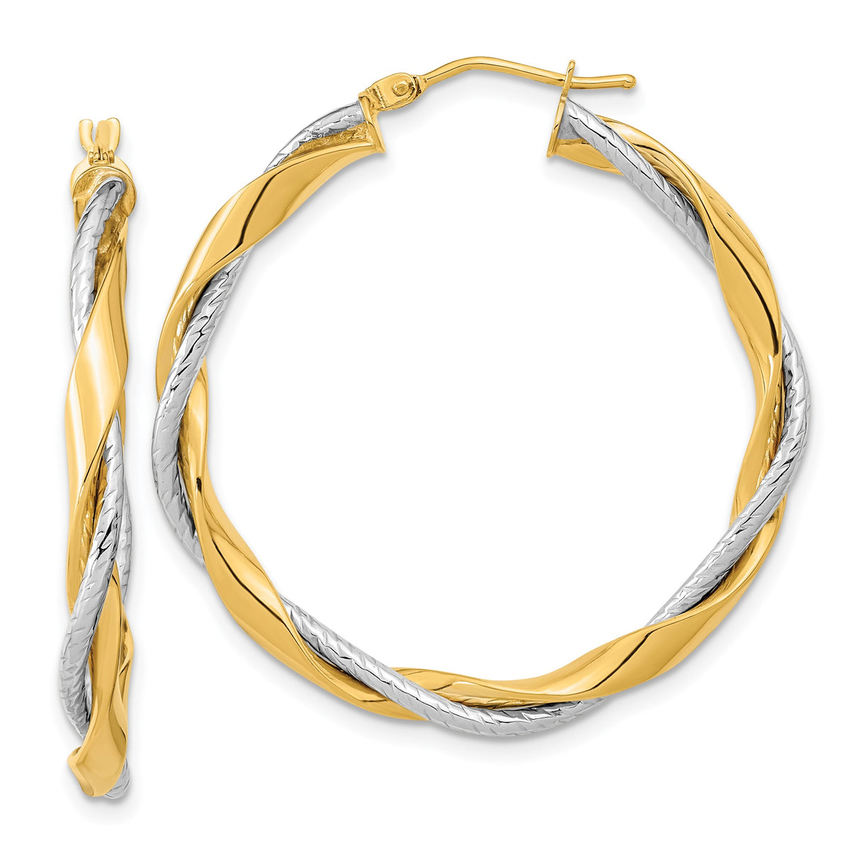 14k Yellow and White Gold Twisted Hoop Earrings, Interwoven Two-Tone Design, Polished Finish