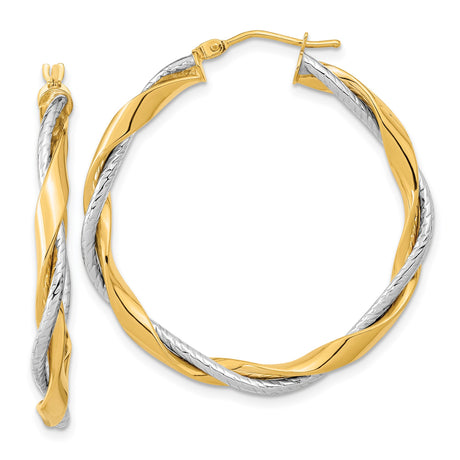14k Yellow and White Gold Twisted Hoop Earrings, Interwoven Two-Tone Design, Polished Finish