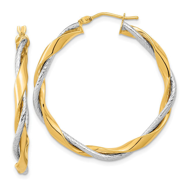 14k Yellow and White Gold Twisted Hoop Earrings, Interwoven Two-Tone Design, Polished Finish