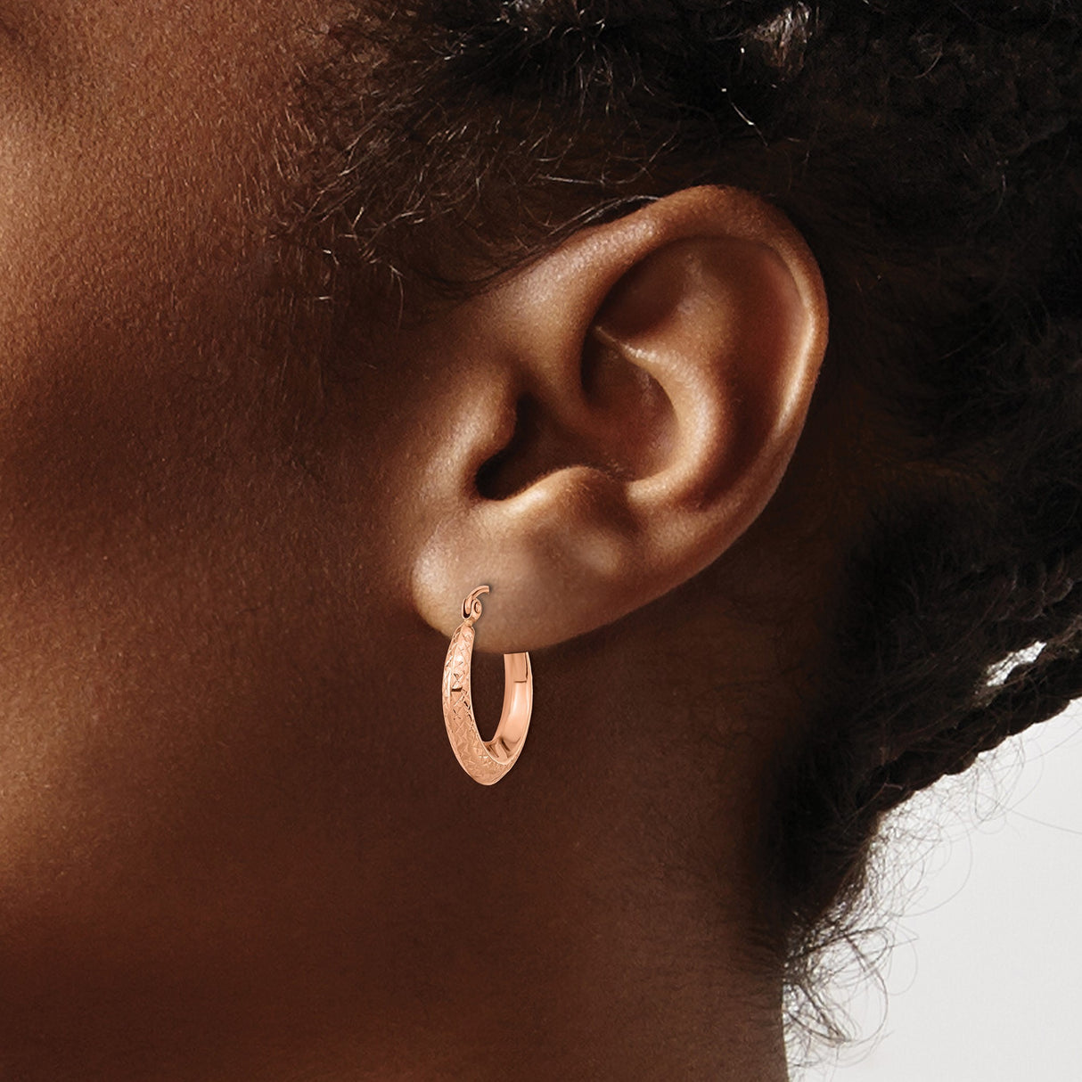 14k Rose Gold Hoop Earrings, Textured Diamond-Cut Lightweight Modern Classic Style for Women