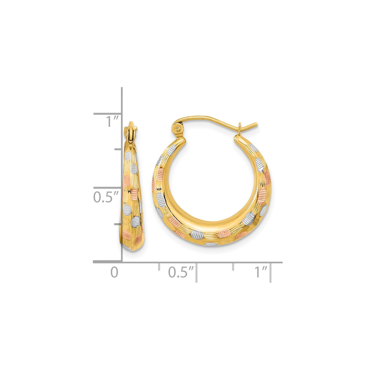 14k Yellow Gold Hoop Earrings, Tricolor Textured Design with Rhodium and Rose Gold Accents