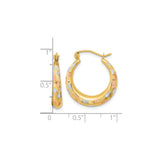 14k Yellow Gold Hoop Earrings, Tricolor Textured Design with Rhodium and Rose Gold Accents