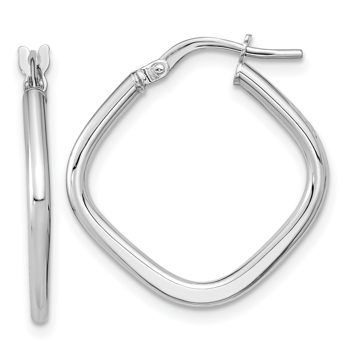 14k White Gold Twisted Square Hoop Earrings, Lightweight Polished Minimalist Design
