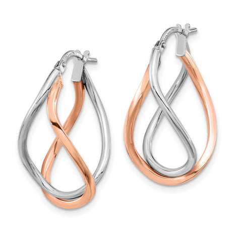 14k Yellow Gold Teardrop Twist Hoop Earrings, Two-Tone Rhodium Finish, Lightweight Modern Design