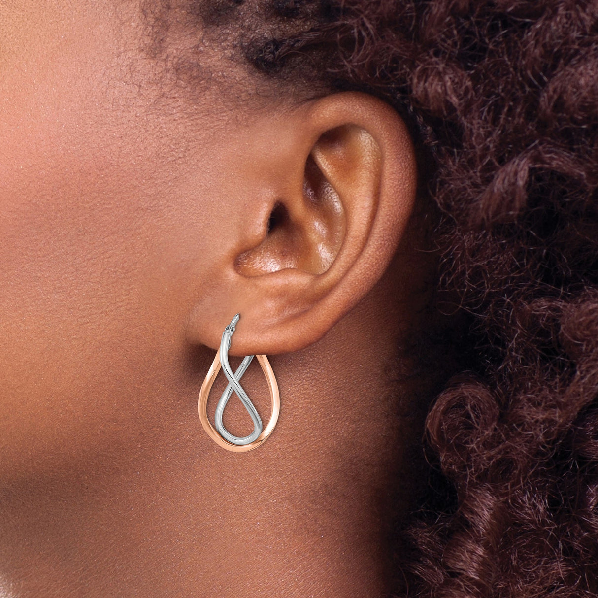 14k Yellow Gold Teardrop Twist Hoop Earrings, Two-Tone Rhodium Finish, Lightweight Modern Design