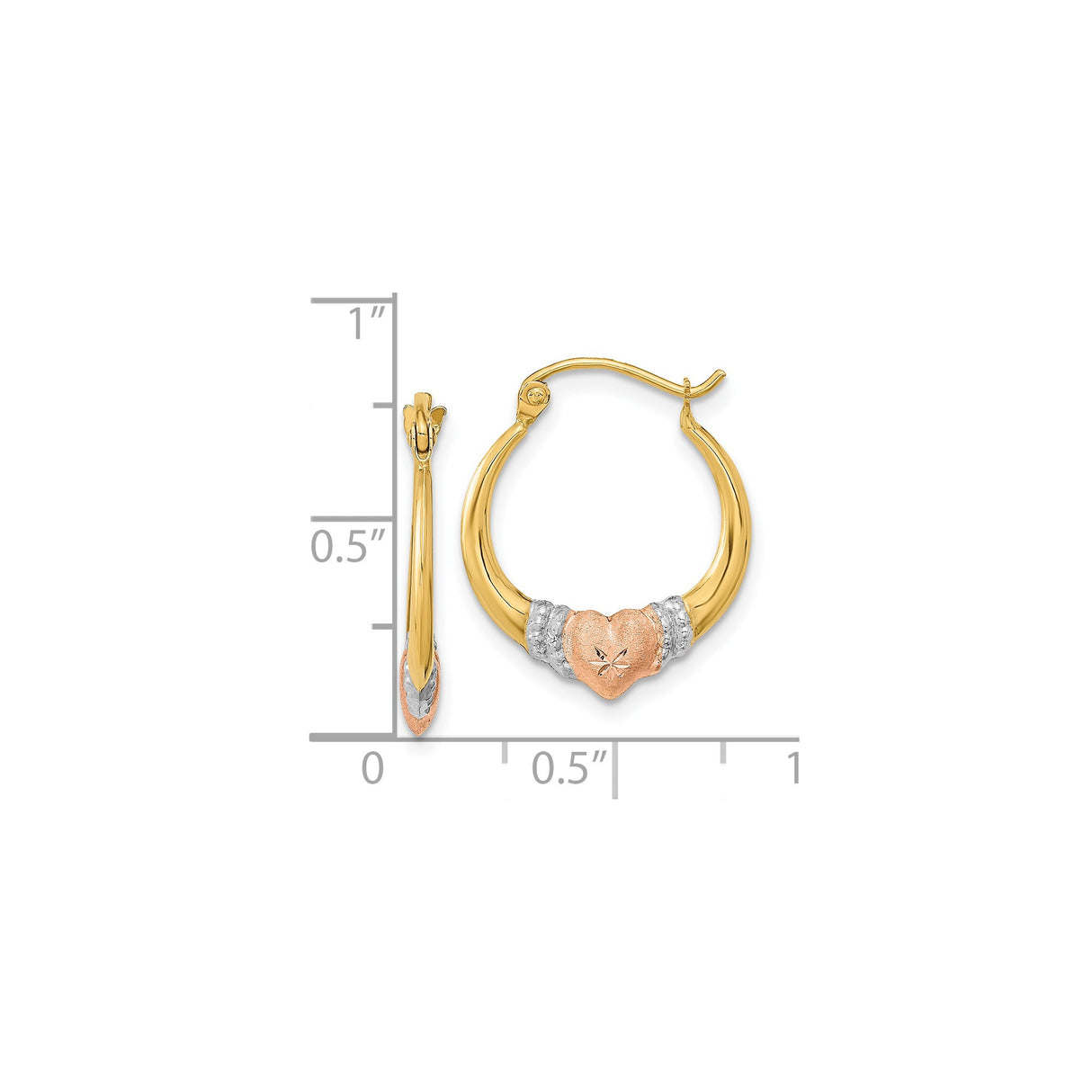 14k Two-Tone Gold Hoop Earrings with Rose Gold Textured Heart and Starburst Engraving