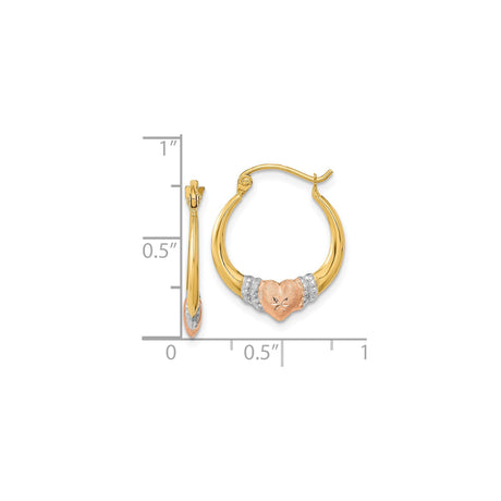 14k Two-Tone Gold Hoop Earrings with Rose Gold Textured Heart and Starburst Engraving