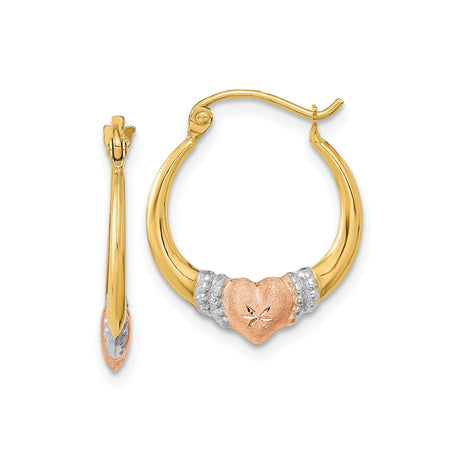 14k Two-Tone Gold Hoop Earrings with Rose Gold Textured Heart and Starburst Engraving