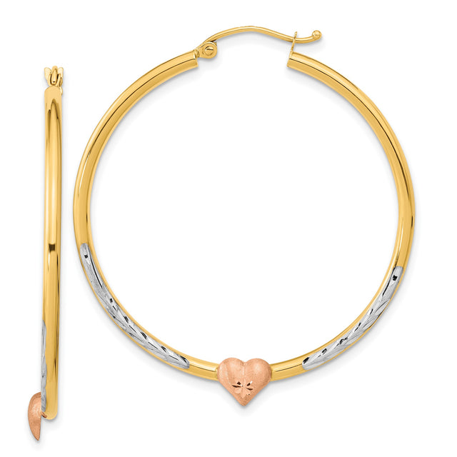 14k Yellow Gold Hoop Earrings with Rose Heart Accent and White Gold Diamond Cut Design