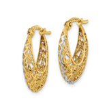 14k Yellow Gold Hoop Earrings with Butterfly Floral Filigree Openwork Design for Women