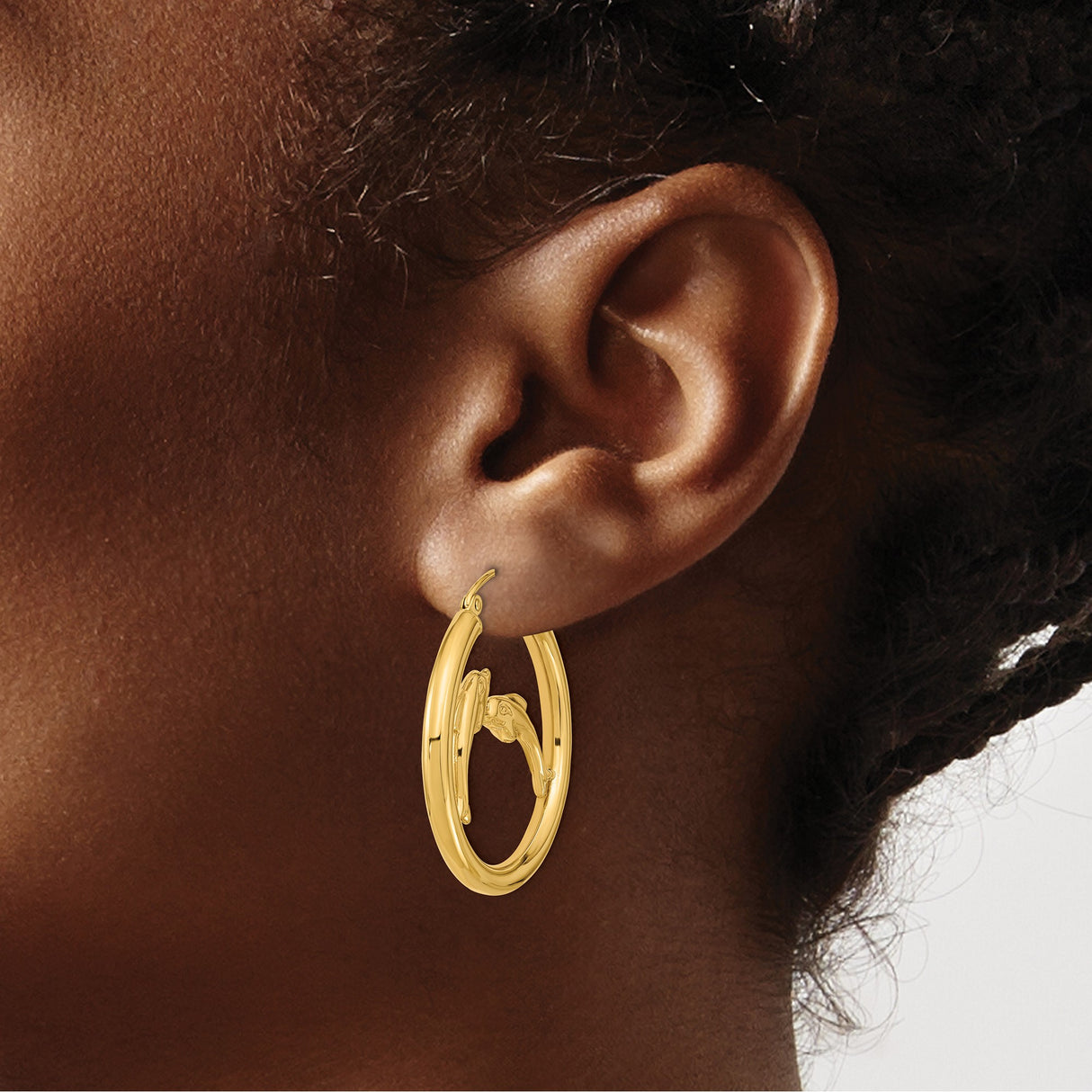 14k Yellow Gold Dolphin Hoop Earrings, Lightweight Twin Dolphin Marine Life Design
