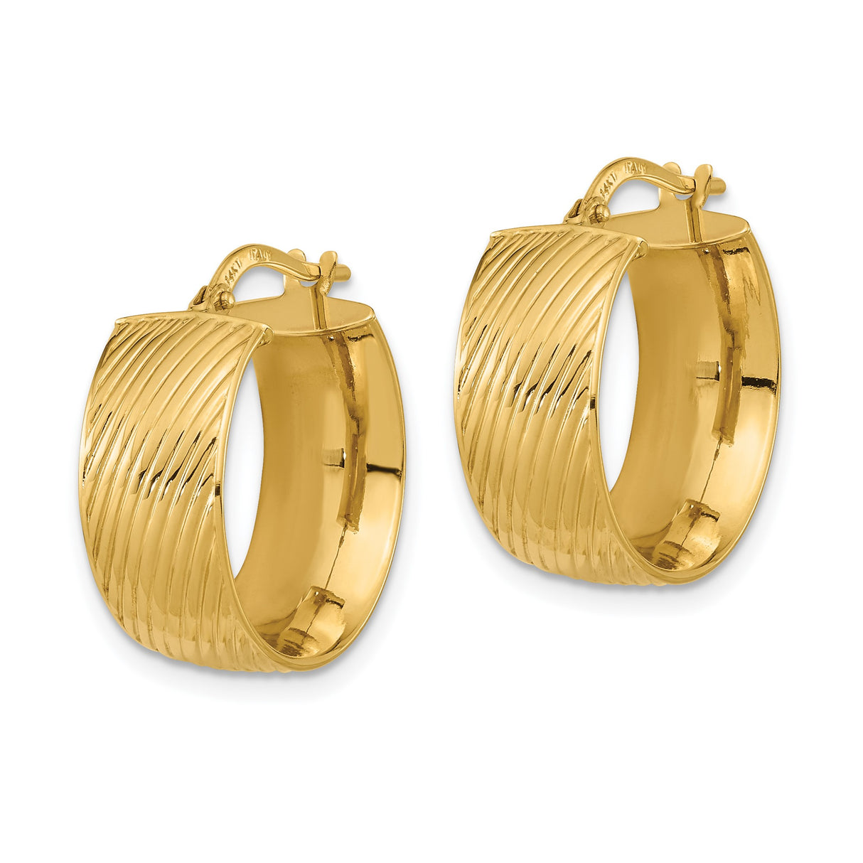 14k Yellow Gold Hoop Earrings with Diagonal Diamond-Cut Texture, Hinged Back, High Polish Finish