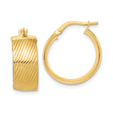 14k Yellow Gold Hoop Earrings with Diagonal Diamond-Cut Texture, Hinged Back, High Polish Finish