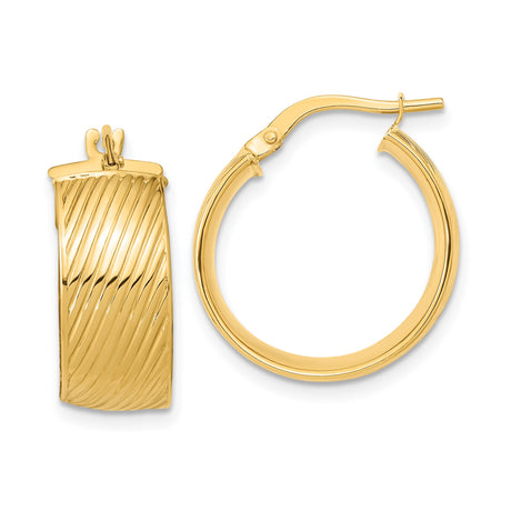 14k Yellow Gold Hoop Earrings with Diagonal Diamond-Cut Texture, Hinged Back, High Polish Finish
