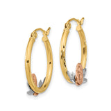 14k Tri-Color Gold Hoop Earrings for Women with Virgin Mary Image, Featuring Yellow, White and Rose Gold Accents, Catholic Religious Jewelry with Devotional Design and Christian Faith Motif