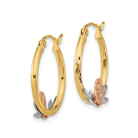 14k Tri-Color Gold Hoop Earrings for Women with Virgin Mary Image, Featuring Yellow, White and Rose Gold Accents, Catholic Religious Jewelry with Devotional Design and Christian Faith Motif