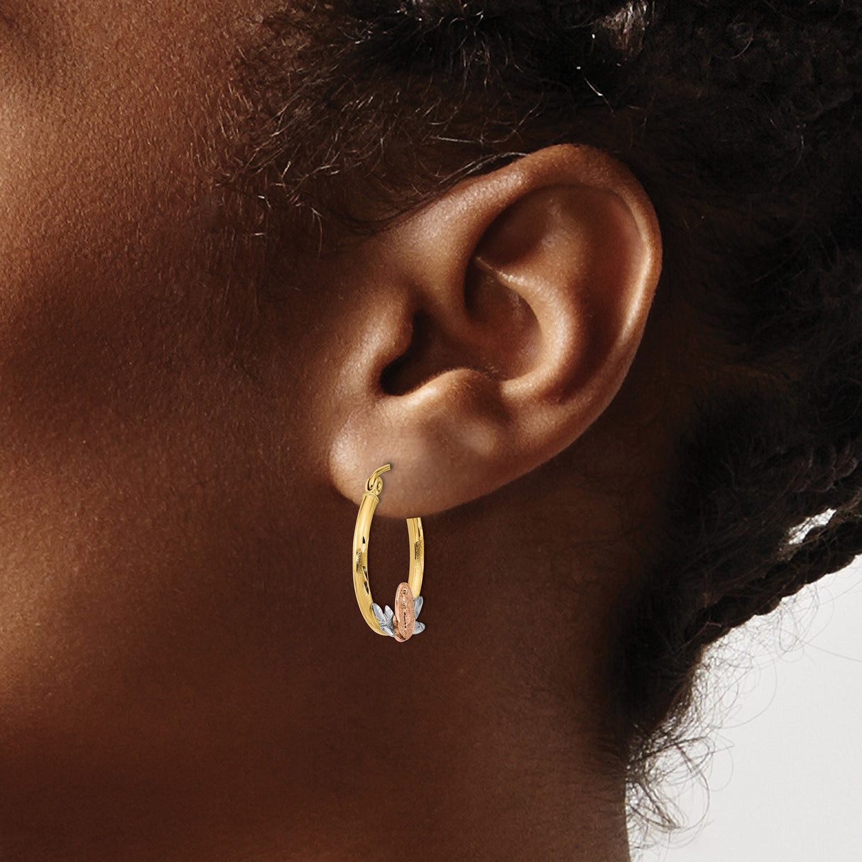 14k Tri-Color Gold Hoop Earrings for Women with Virgin Mary Image, Featuring Yellow, White and Rose Gold Accents, Catholic Religious Jewelry with Devotional Design and Christian Faith Motif