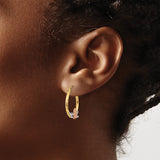 14k Tri-Color Gold Hoop Earrings for Women with Virgin Mary Image, Featuring Yellow, White and Rose Gold Accents, Catholic Religious Jewelry with Devotional Design and Christian Faith Motif
