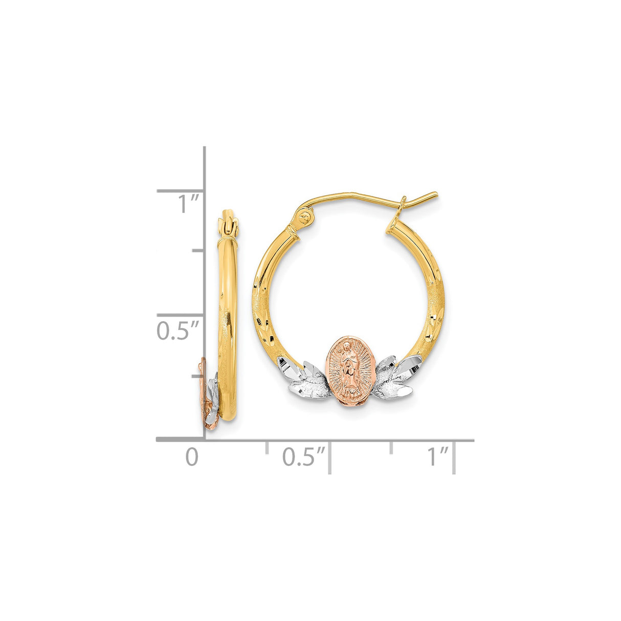 14k Tri-Color Gold Hoop Earrings for Women with Virgin Mary Image, Featuring Yellow, White and Rose Gold Accents, Catholic Religious Jewelry with Devotional Design and Christian Faith Motif