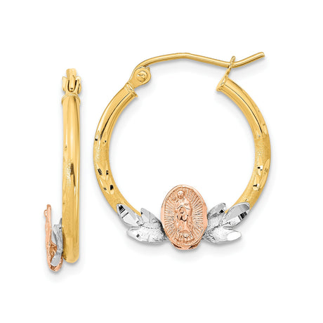 14k Tri-Color Gold Hoop Earrings for Women with Virgin Mary Image, Featuring Yellow, White and Rose Gold Accents, Catholic Religious Jewelry with Devotional Design and Christian Faith Motif