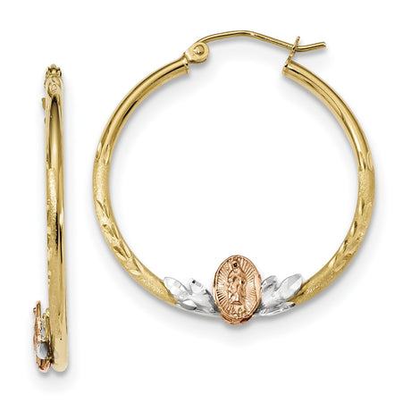 14k Tri-Color Gold Hoop Earrings for Women with Oval Virgin Mary Medallion, Textured and Polished Finish, Rose and White Gold Floral Accents, Catholic Religious Christian Faith Jewelry