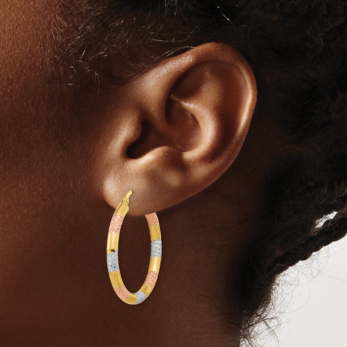 14k Yellow Gold Tri Color Hoop Earrings with Textured Diamond Cut Design for Women