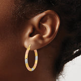14k Yellow Gold Tri Color Hoop Earrings with Textured Diamond Cut Design for Women