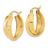 14k Yellow Gold Hoop Earrings with Polished Finish and Diamond Cut Leaf Pattern