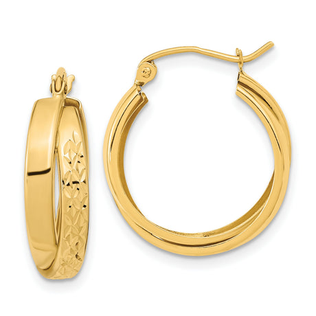 14k Yellow Gold Hoop Earrings with Polished Finish and Diamond Cut Leaf Pattern