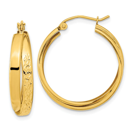 14k Yellow Gold Hoop Earrings with Polished Finish and Diamond Cut Texture