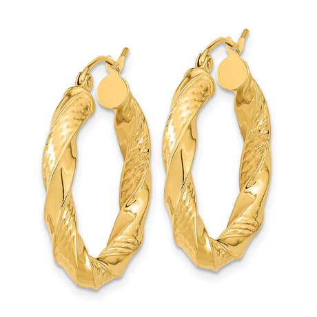 14k Yellow Gold Twisted Hoop Earrings with Polished Textured Finish for Women