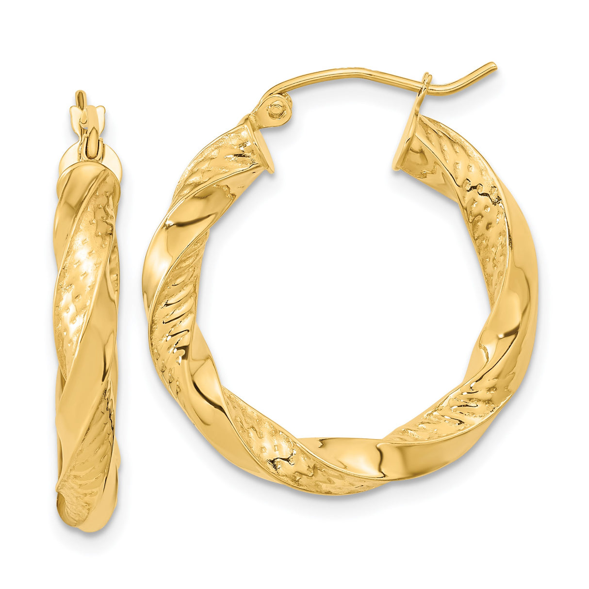 14k Yellow Gold Twisted Hoop Earrings with Polished Textured Finish for Women