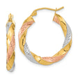 14k Tri-Color Gold Twisted Hoop Earrings, Textured Polished Medium Hoops for Women