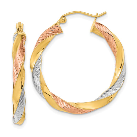 14k Yellow White Rose Gold Hoop Earrings, Tri-Color Twisted Braided Design