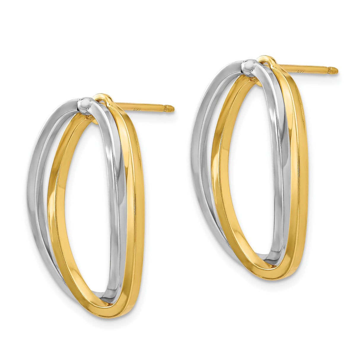14k Yellow and White Gold Oval Hoop Earrings, Interlocking Polished Design for Women