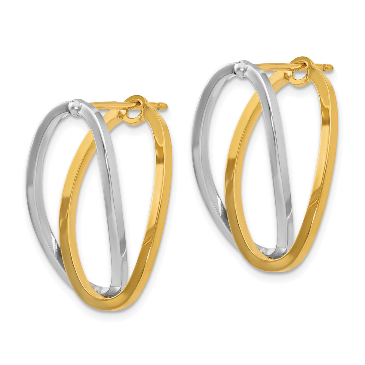 14k Yellow and White Gold Oval Hoop Earrings, Interlocking Polished Design for Women