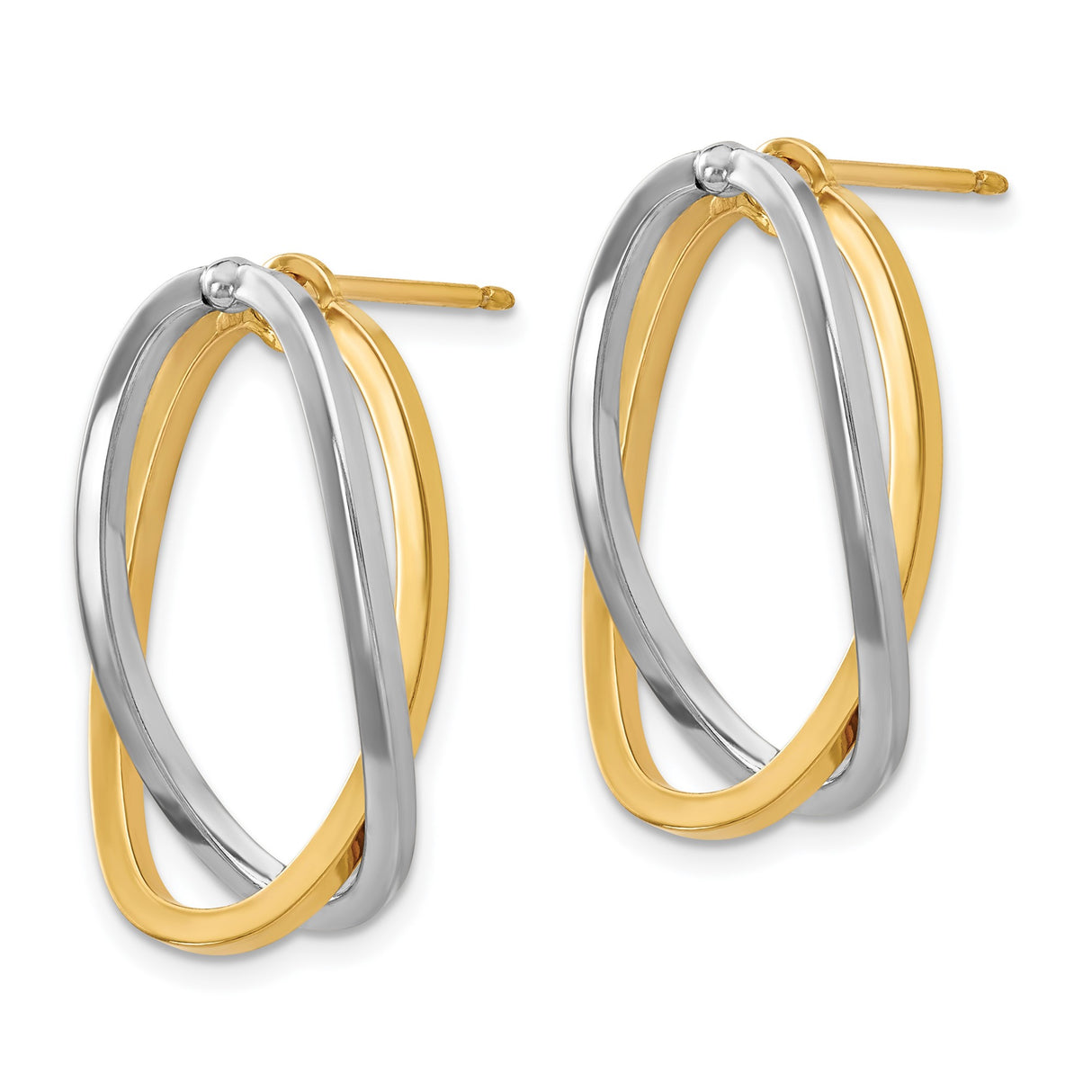 14k Yellow and White Gold Oval Hoop Earrings, Interlocking Polished Design for Women