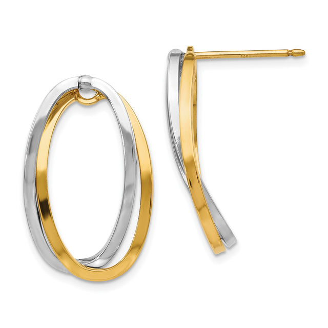 14k Yellow and White Gold Oval Hoop Earrings, Interlocking Polished Design for Women