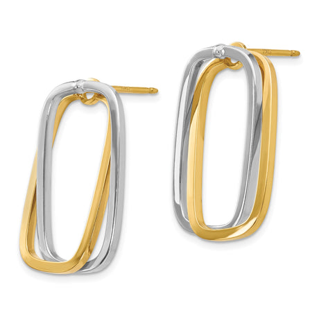 14k Yellow Gold Hoop Earrings with Elongated Open Oval Two-Tone Interlocking Design for Women