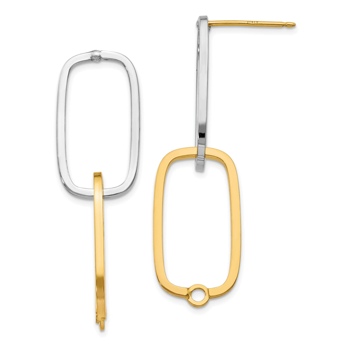 14k Yellow Gold Hoop Earrings with Elongated Open Oval Two-Tone Interlocking Design for Women