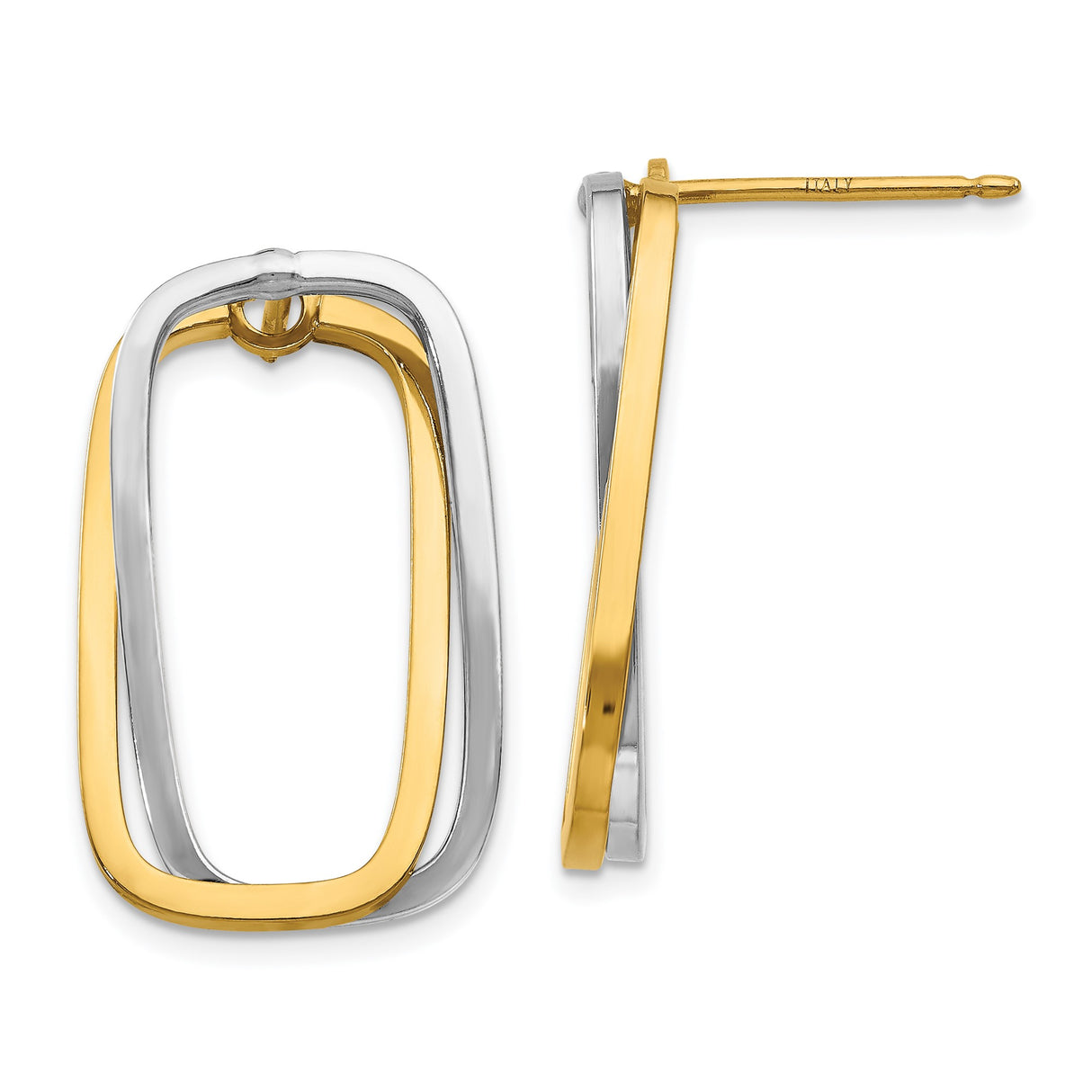 14k Yellow Gold Hoop Earrings with Elongated Open Oval Two-Tone Interlocking Design for Women